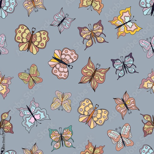 Beautiful butterflies. Seamless pattern. Pastel colors. Collection of isolated flat cartoon vector illustrations.