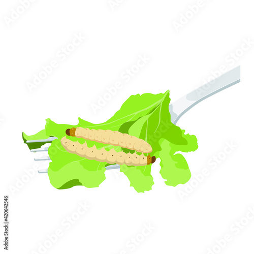 Food Insects: Bamboo worm or Bamboo Caterpillar insect deep-fried crispy for eating as food items on fork with vegetable, it is good source of protein edible for future. Entomophagy concept.