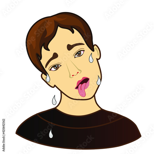 emoticon with a cool deadly man that sticks out his tongue, sweat flows from his forehead, color vector emoji on white isolated background
