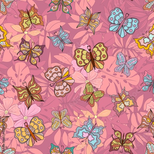 Beautiful butterflies on a tropical backround. Seamless pattern. Pastel colors. Collection of isolated flat cartoon vector illustrations.