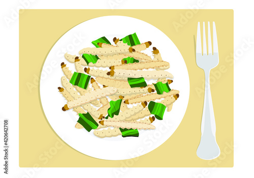 Food Insects: Bamboo worm or Bamboo Caterpillar insect deep-fried crispy for eating as food items on plate with herbal and fork, it is good source of protein edible for future. Entomophagy concept.