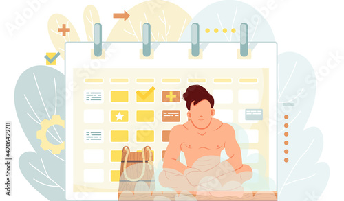 Naked faceless male character after bath sits with schedule on background. Man resting in hot steam
