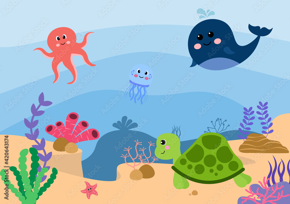 Obraz premium Underwater Scenery and Cute Animal Life in the Sea with Seahorses, Starfish, Octopus, Turtles, Sharks, Fish, Jellyfish, Crabs. Vector Illustration