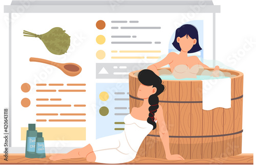 Women on background of poster about sauna. Naked girl in barrel. Person in towel near body cream