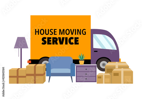 Moving house service concept vector illustration on white background. Delivery truck, furniture and cardboard box in flat design.