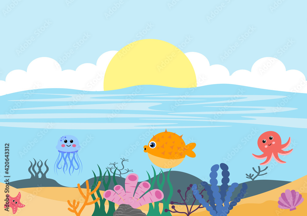 Obraz premium Underwater Scenery and Cute Animal Life in the Sea with Seahorses, Starfish, Octopus, Turtles, Sharks, Fish, Jellyfish, Crabs. Vector Illustration