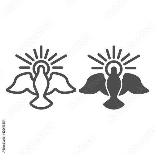 Dove with glow line and solid icon, Happy Easter concept, Holy Spirit bird sign on white background, pigeon surrounded by glowing lights icon in outline style for mobile and web. Vector graphics.