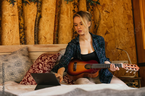 Woman in a cabin lodge photo