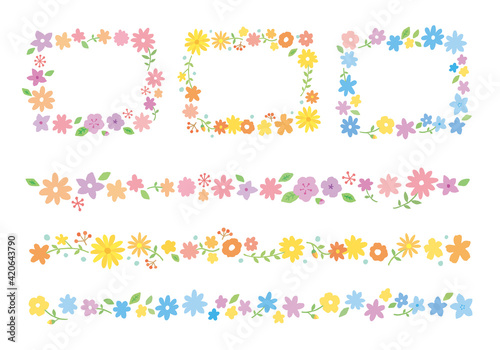 手描きの花のフレームと飾り罫のセット