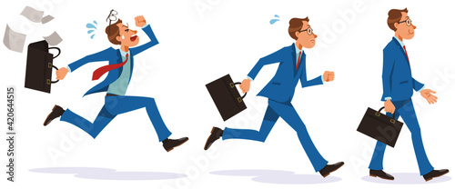 Young businessman walking and running. Walk slowly, quick run, run very fast. Vector illustration isolated on white background.