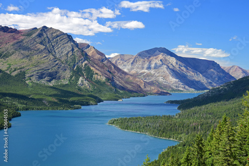 an incredible view in summer from the goat haunt hike  overlook in goat haunt  glacier national park  montana  over the mountains  forests  and water of waterton lakes national park in alberta  canada