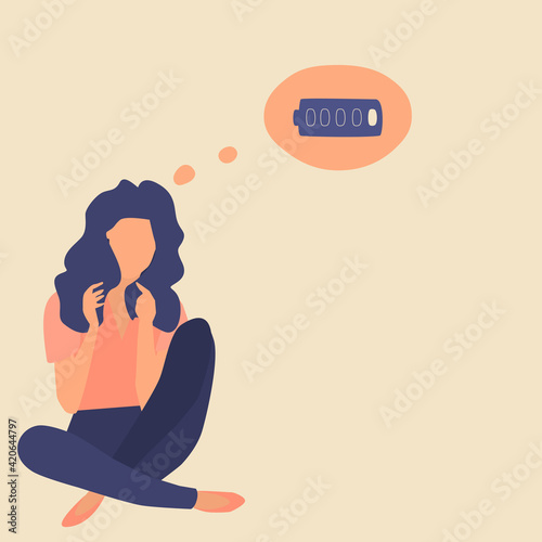 Tired woman or girl sitting with a discharged battery in the thoughts. Mental disorder, emotional burnout, finding answers, confusion concept. Vector illustration.