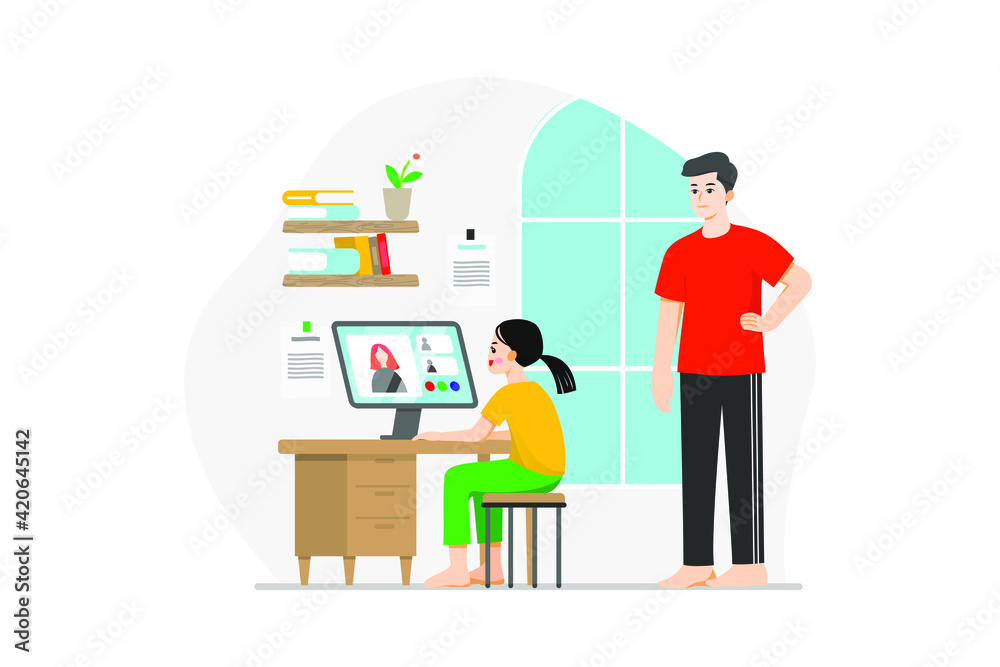 Dad watching his daughter having fun studying online in quarantine time