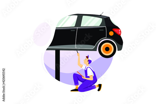 A mechanic service car in garage is check a list cars
