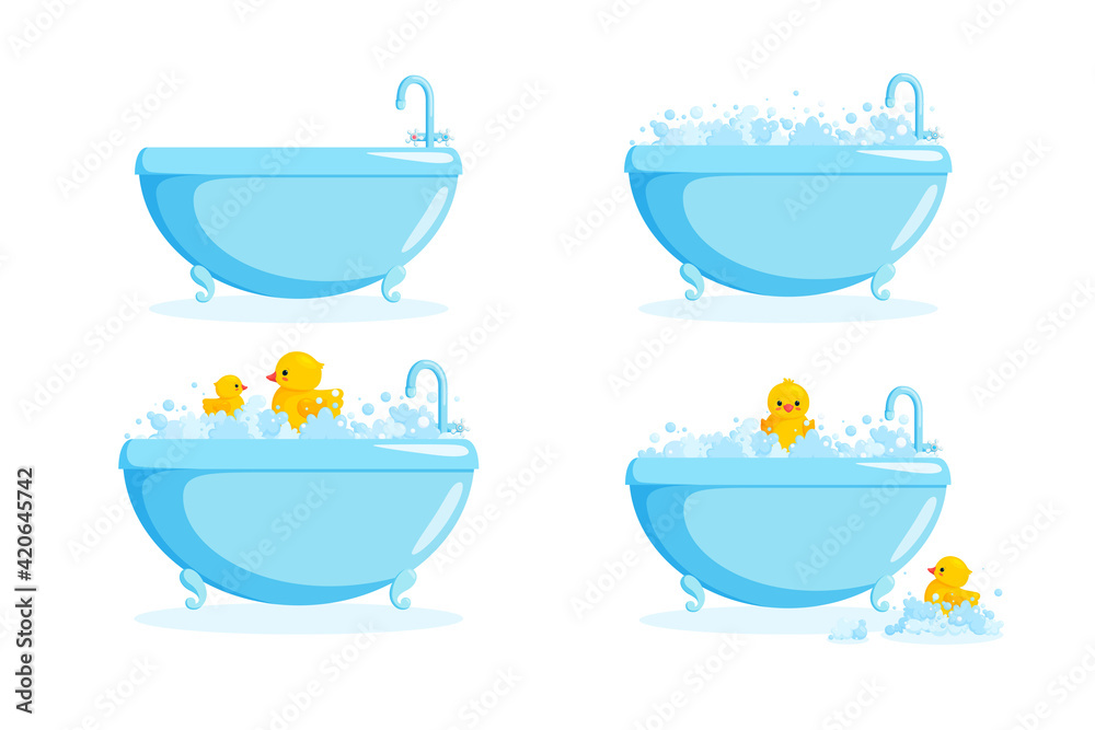Bathtub with rubber duck in suds. Set with bathtubs and yellow ducks in bubbles and suds. Vector illustration in cartoon style Bathtub with rubber duck in suds. Set with bathtubs and yellow ducks in bubbles and suds. Vector illustration in cartoon style