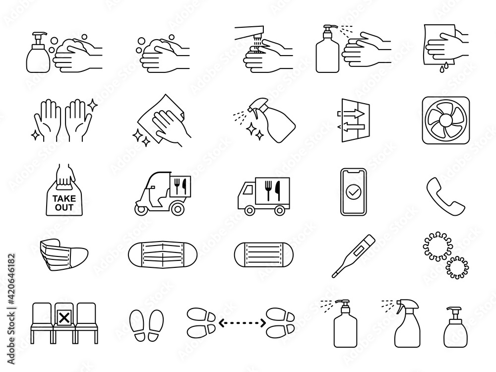 Fototapeta premium infection prevention and control icon 感染症対策アイコンセット 飲食店