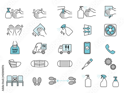 infection prevention and control icon 感染症対策アイコンセット　飲食店