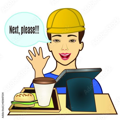 the seller man in the diner sold a hamburger and a drink and waves his hand, showing that the cash desk is free, color clip art on a white isolated background