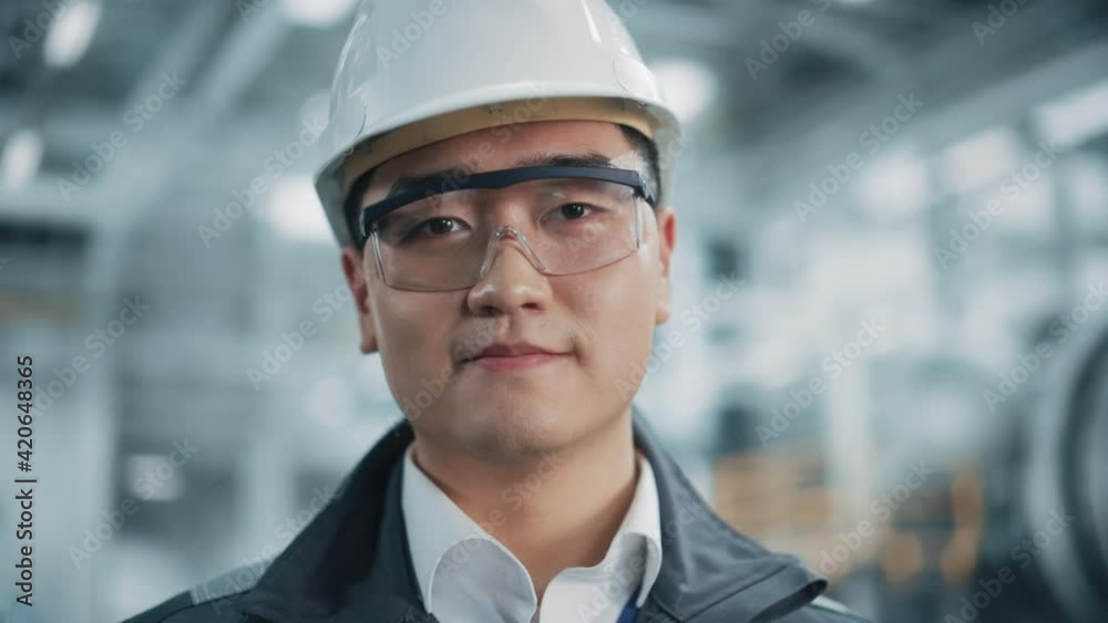 Portrait of a Professional Asian Heavy Industry Engineer/Worker Wearing Safety Uniform, Glasses and Hard Hat. Confident Chinese Industrial Specialist Standing in a Factory Facility. Portrait of a Professional Asian Heavy Industry Engineer/Worker Wearing Safety Uniform, Glasses and Hard Hat. Confident Chinese Industrial Specialist Standing in a Factory Facility.