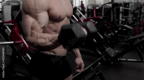 Bodybuilder training using dumbbells. Fit and sporty bodybuilder in gym. Sport and fitness