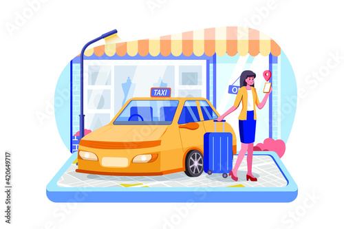 Women are dragging their luggage in a smartphone. Businesswoman using smart phone ordering taxi on app.
