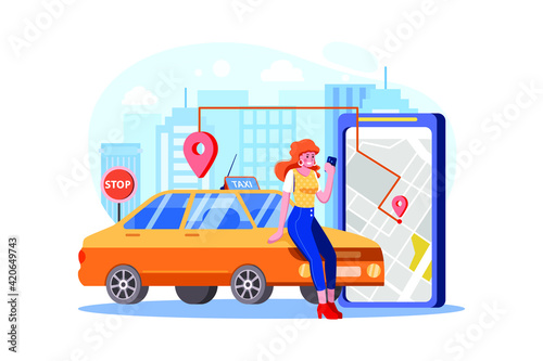 Woman near smartphone screen with route and points location on a city map on the car