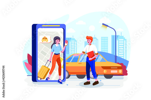 People using online ordering taxi car sharing mobile application concept
