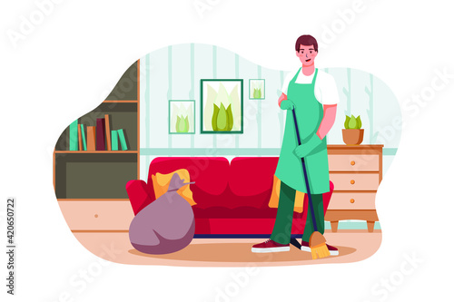Cleaning man holding broom satisfied with clean house. 