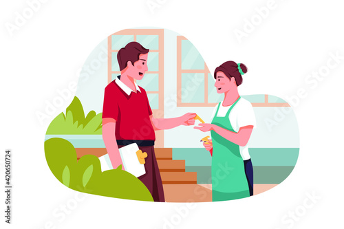 The host gives the key to the cleaning woman. 