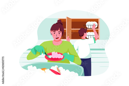 The cleaning team is washing and arranging the dishes. 