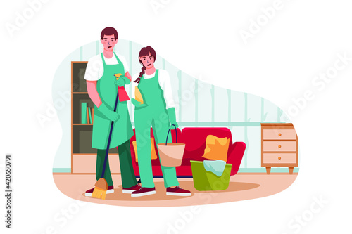 The cleaning team with professional equipments is ready to work. 