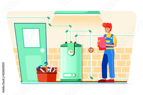 Plumber are adjusting the temperature of the boiler.