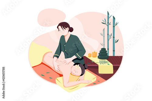 Massage therapist professional woman character doing exotic massage to happy smiling woman.