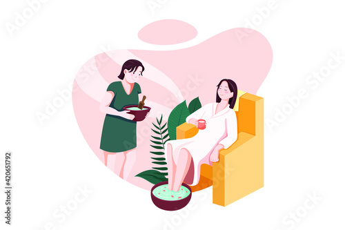 Woman in spa salon, girl lying on couch, masseur prepare making massage to client in cozy room with professional equipment, furniture and burning candles.