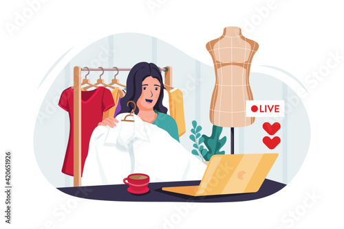 Beauty blogger selling fashion online. Blogger girl review product and talking camera live recording video on social network at home. Online selling clothes on social media