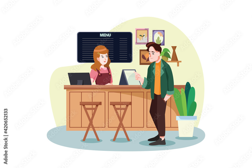 A waiter and a man ordering coffee in a coffee shop. A waiter and a man ordering coffee in a coffee shop.