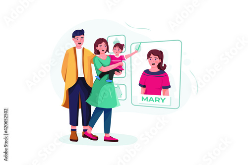 Family couple with baby choosing nanny online. 