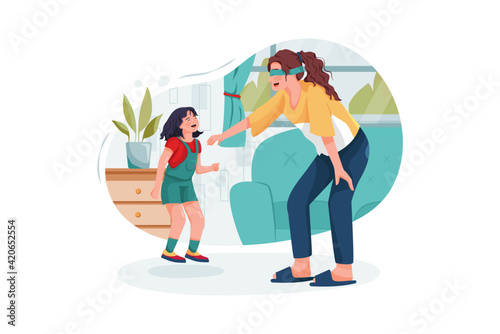 Young babysitter nanny playing funny game with kid girl at home
