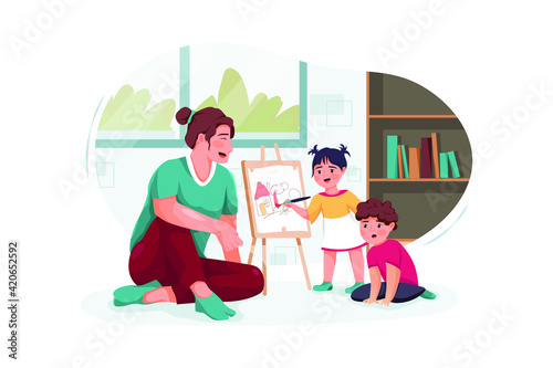 Nanny with cute little children playing and drawing at home