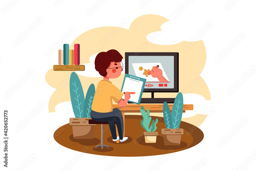 The boy draws according to the instructions of online teacher. The boy draws according to the instructions of online teacher.