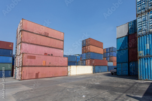 Stack of blue containers box. Cargo Freight Shipping of Container Logistics Industry concept.