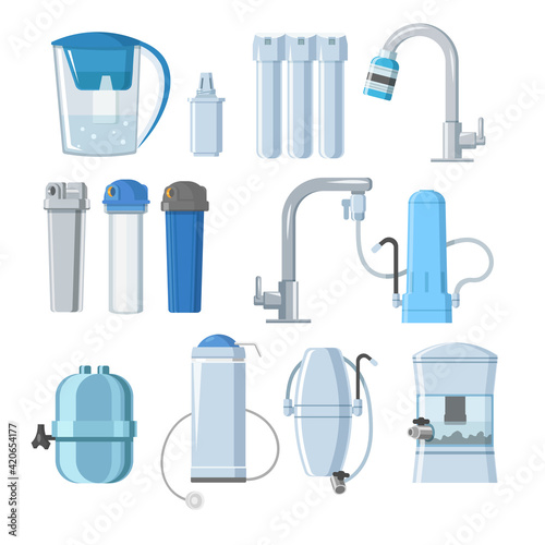 Water filters and mineral filtration systems set. Home pitcher jug container, undersink, countertop tap, reverse osmosis filters. Flat vector illustration. Water purification equipment concept