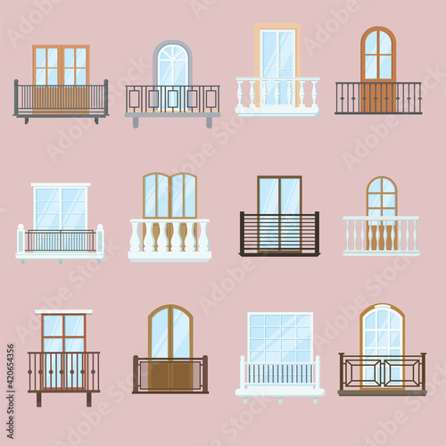 Windows and balconies set. Classic and old vintage architecture balconies with fence railings decor design. Flat vector illustration. Building facade decoration concept