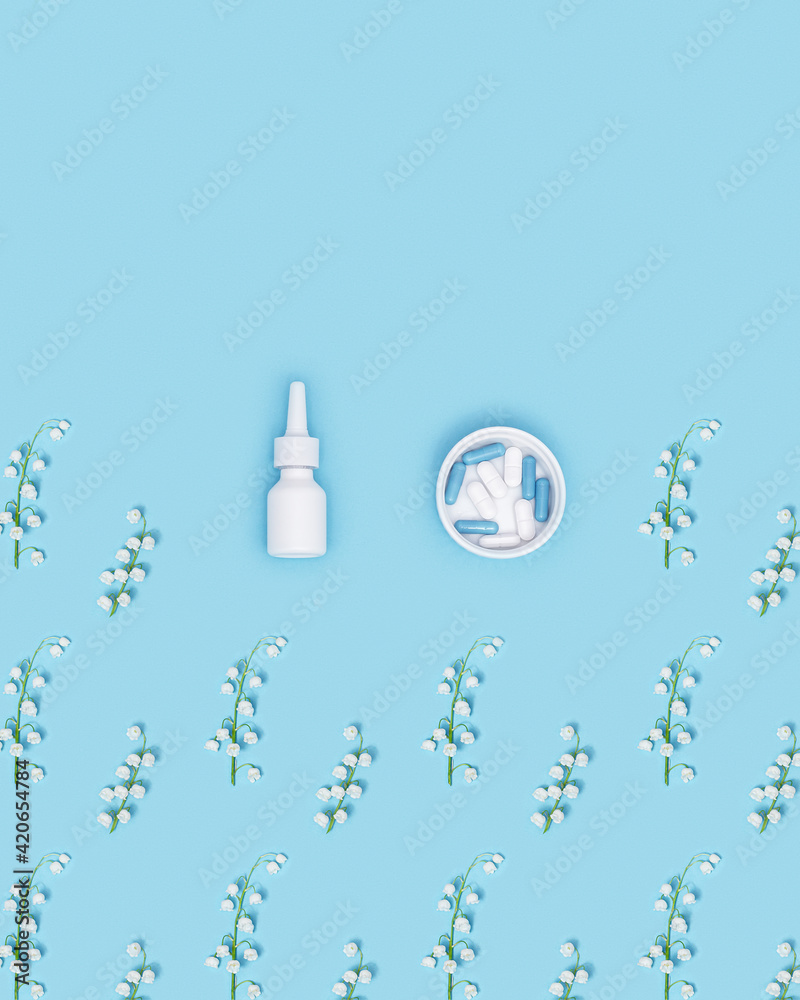 Allergy concept. Antihistamine tablets and capsules against allergies to pollen of flowering plants, small spring flowers Allergy concept. Antihistamine tablets and capsules against allergies to pollen of flowering plants, small spring flowers