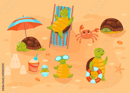 Turtles lying on chaise longue and sunbathing on beach. Cute animals in nature. Flat vector illustration. Tortoises mascots on summer vacation concept