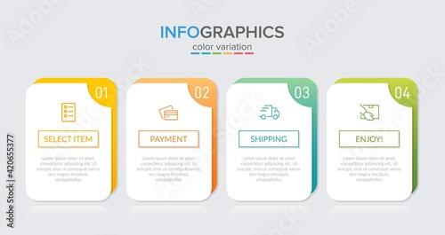Concept of shopping process with 4 successive steps. Four colorful graphic elements. Timeline design for brochure, presentation, web site. Infographic design layout.