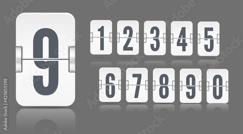 White flip mechanical score board numbers with reflections floating on different height on dark background. Vector template for time counter or web page timer