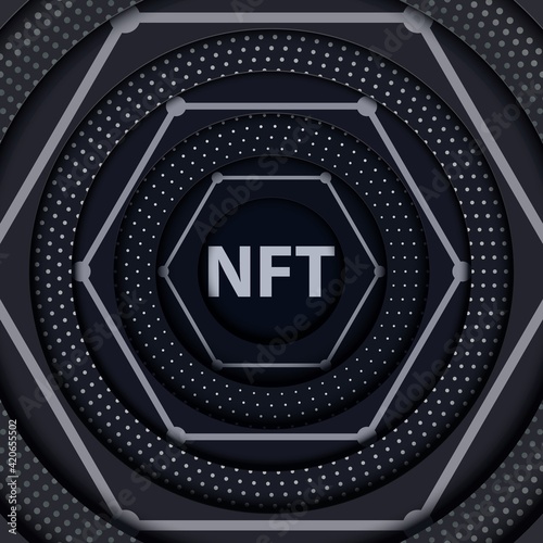NFT non-fungible token concept on paper cut abstract background. Layered black circles with grey dots in papercut style. Non fungible token futuristic banner for your design. Vector card illustration.