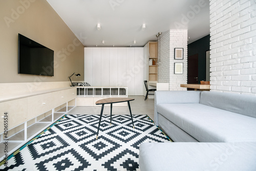 Living room and bedroom with TV in a loft design apartment photo