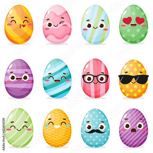 Set of painted easter eggs with funny faces